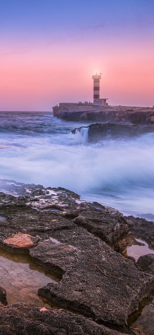 sunset, lighthouse, sea, surf, waves, stones, spain