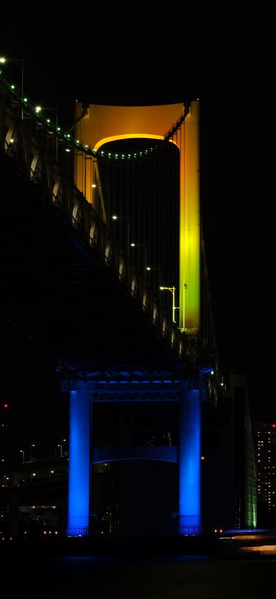 bridge, night city, backlight, tokyo, japan