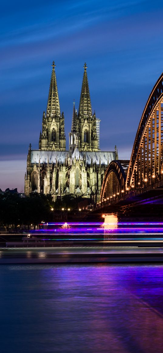 night city, architecture, bridge, city lights, cologne, germany