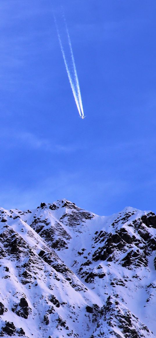 mountain, snow, plane, sky, snowy, flight, peak