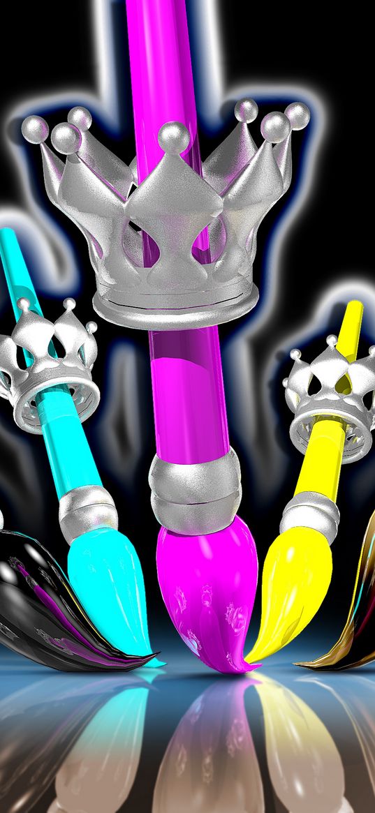 brushes, crowns, paint, multicolored