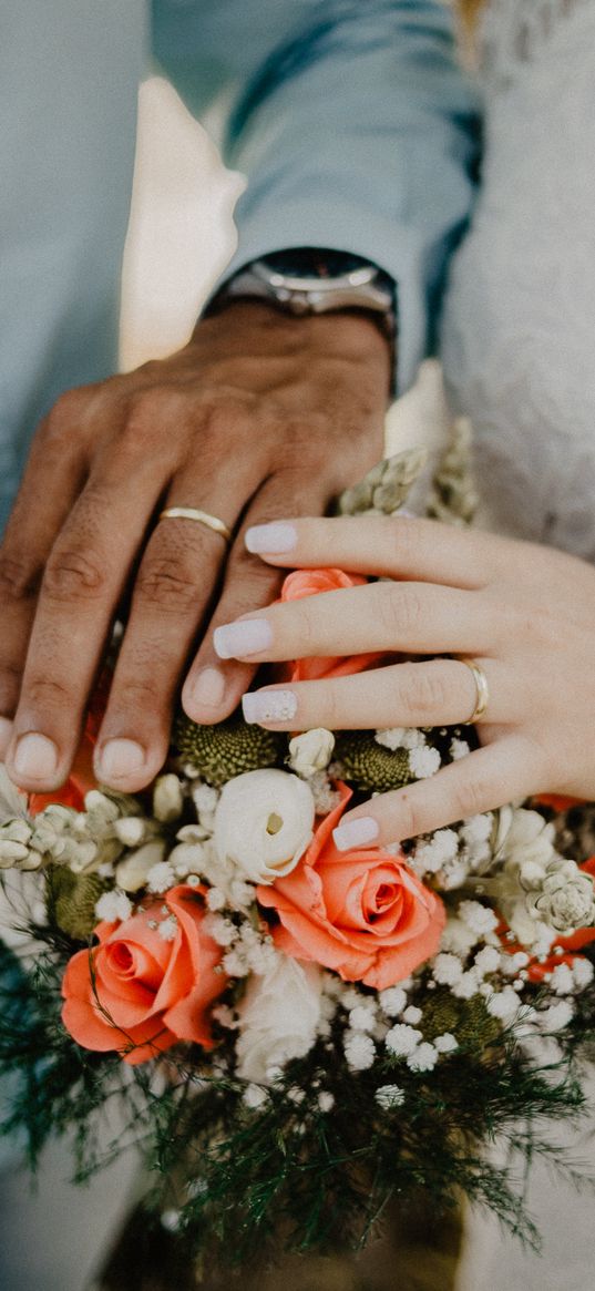 hands, rings, couple, love, bouquet, wedding