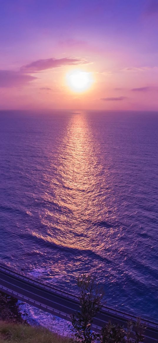 sea, sunset, bridge, horizon, purple, lilac