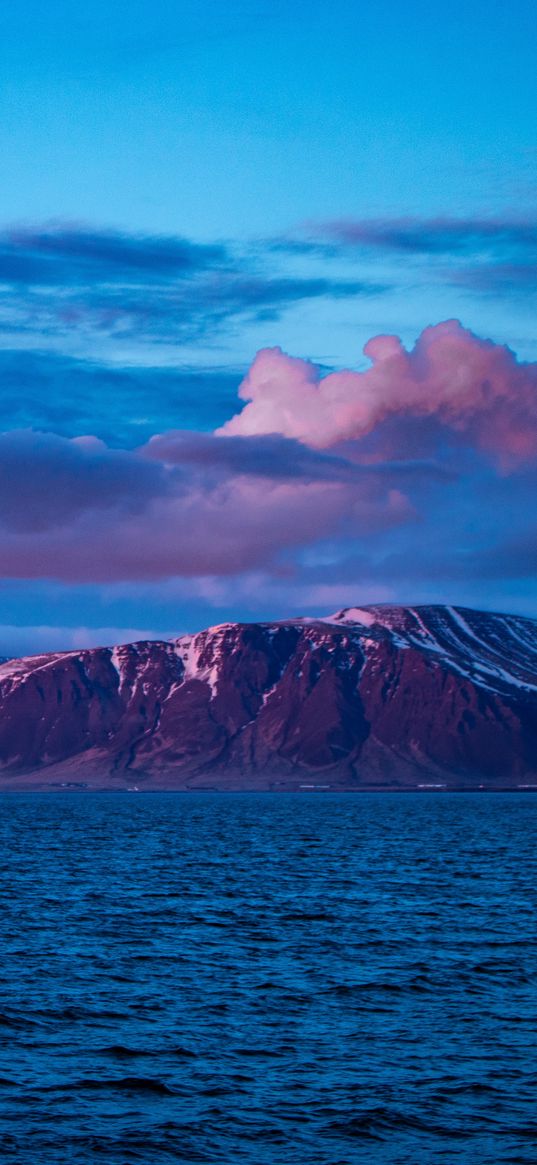 mountain, sea, clouds, purple, iceland