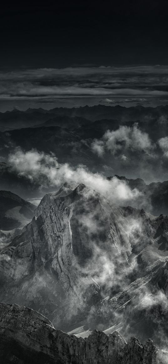 mountain, peak, fog, clouds, gloomy