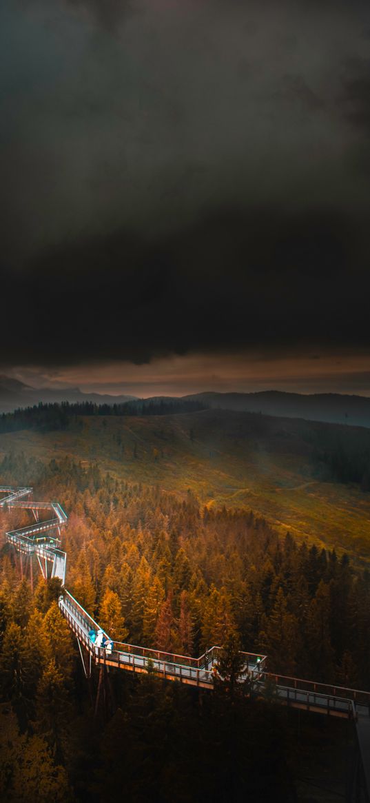 bridge, mountains, fog, clouds, aerial view