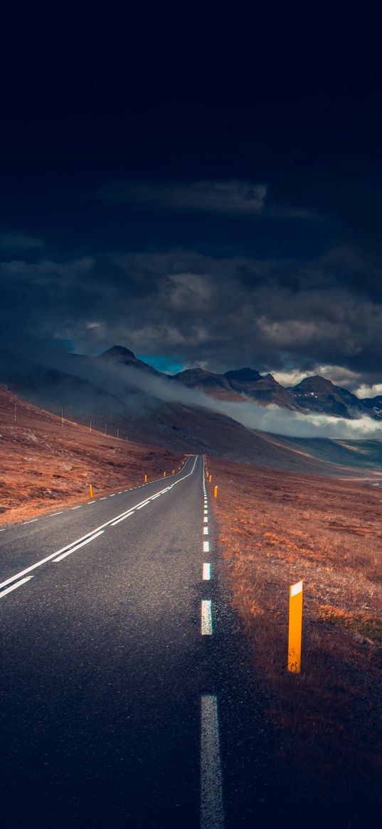 mountains, road, asphalt, marking, lake, dark, clouds