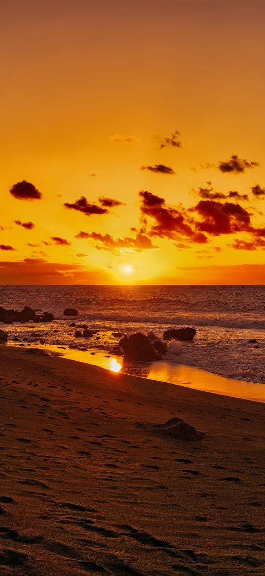 ocean, sunset, shore, beach, sand, horizon, canary islands, spain