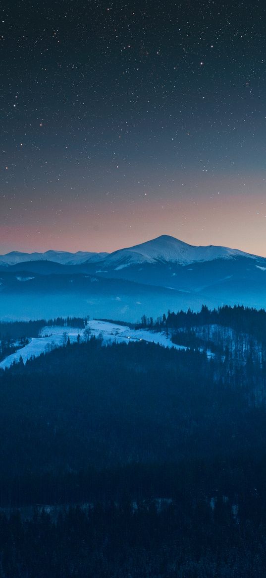 mountains, aerial view, starry sky, night, landscape