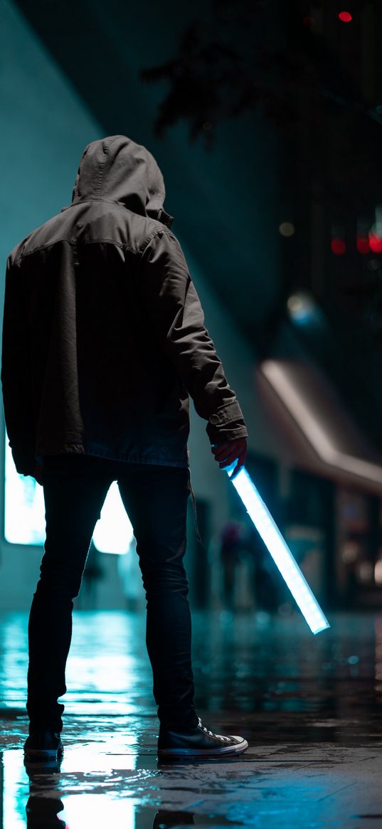 man, hood, lightsaber, lonely