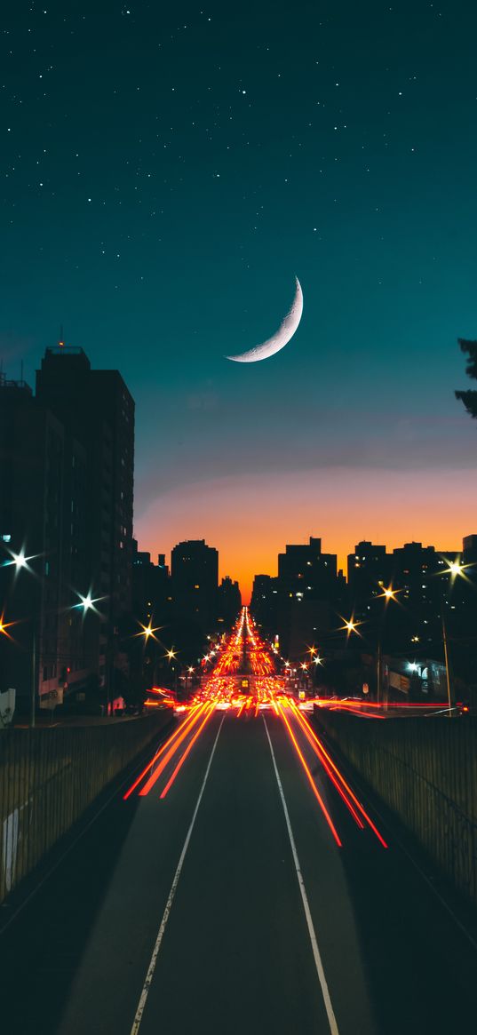 road, night, stars, moon, long exposure