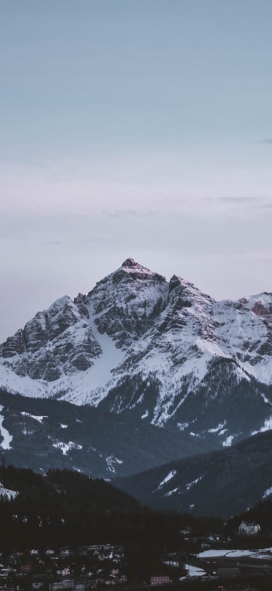 mountain, aerial view, peak, snowy, sky, horizon