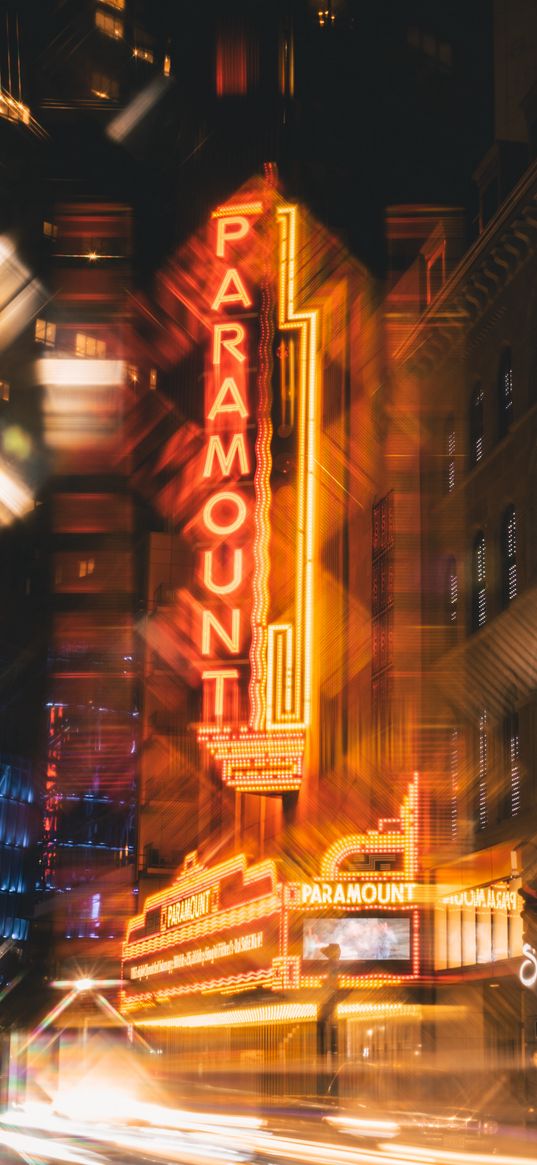 night city, paramount, signboard, inscription, city lights