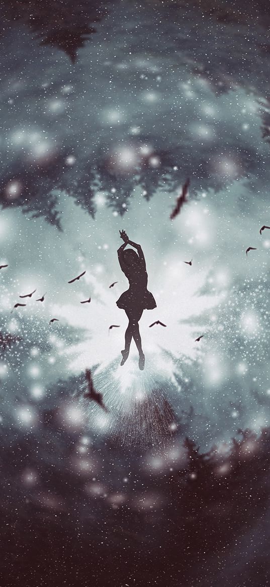 silhouette, dance, girl, snowfall, blur