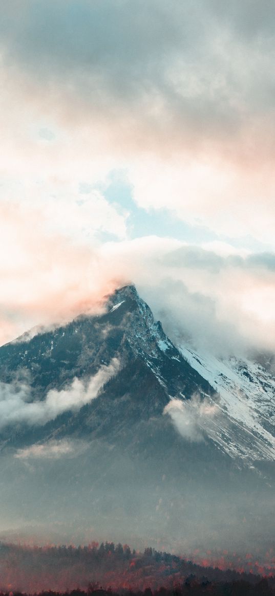 mountain, fog, peak, clouds, aerial view