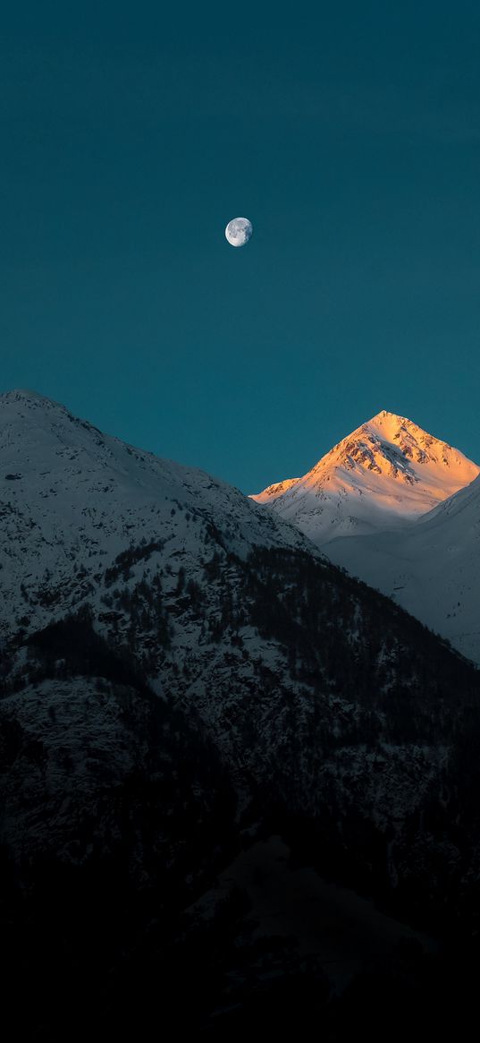 mountains, peak, moon, snowy, twilight