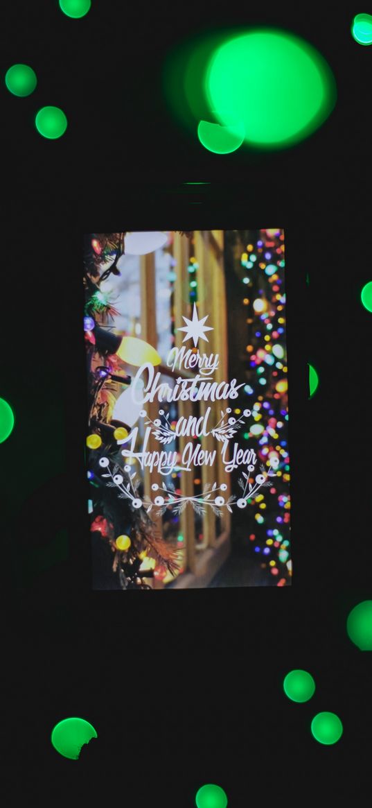 postcard, new year, christmas, lettering, glare, circles