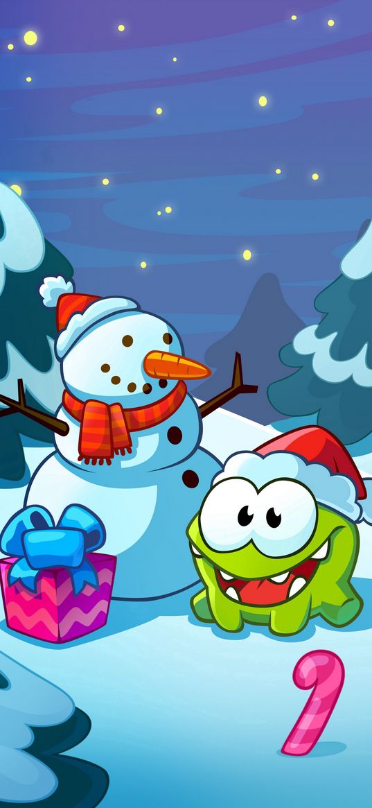 om nom, cut the rope, snowman, winter, candy, little monster