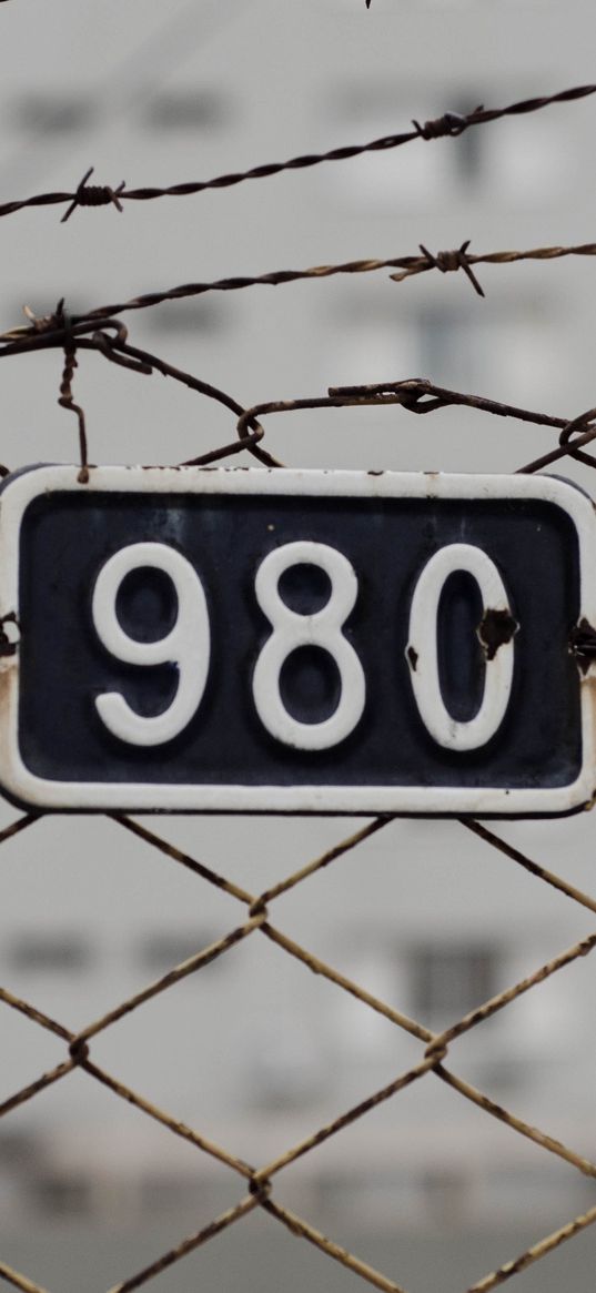 fence, mesh, numerals, barbed wire