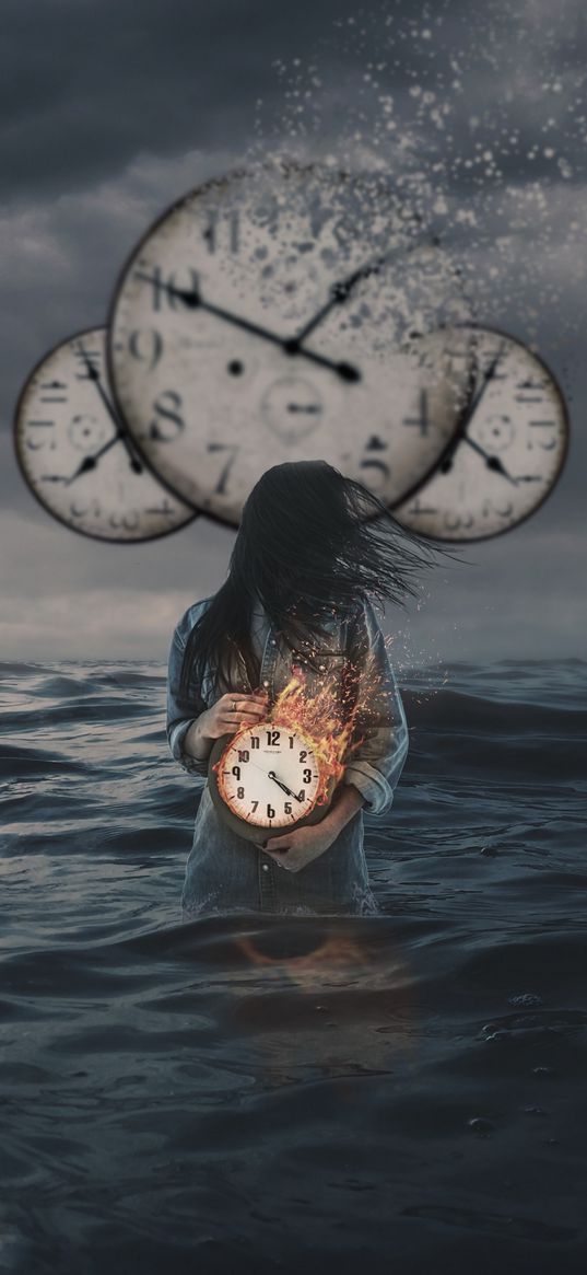 clock, fire, girl, photoshop, time