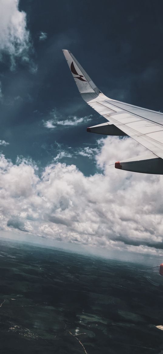 plane wing, flight, sky, aerial view