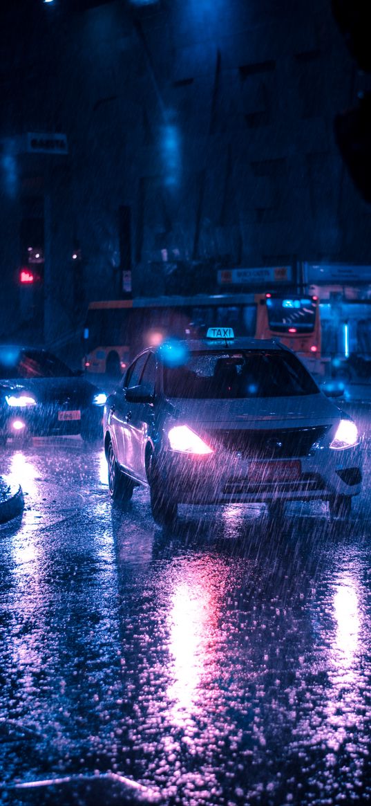 taxi, car, rain, night city, street