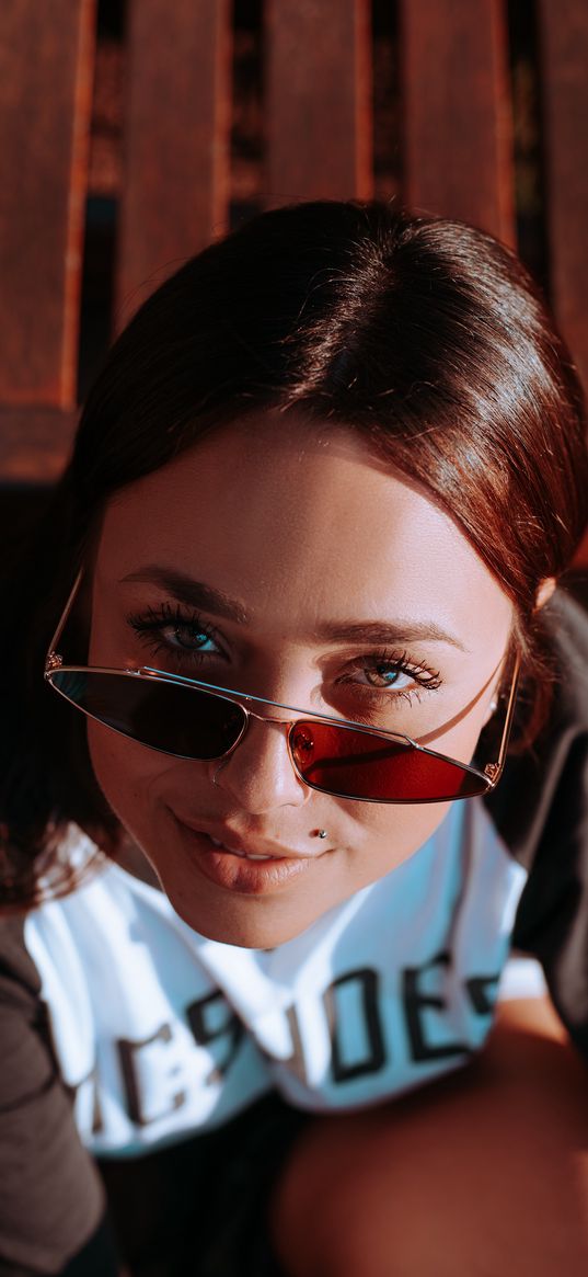 girl, face, glasses, smile, piercing, brown hair