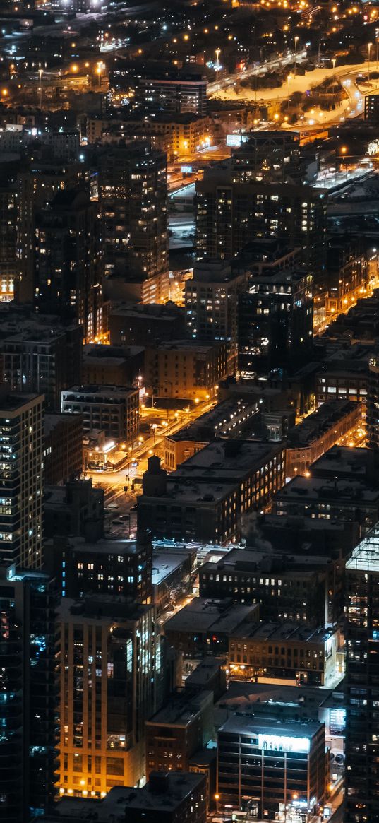 night city, city lights, aerial view, overview, buildings