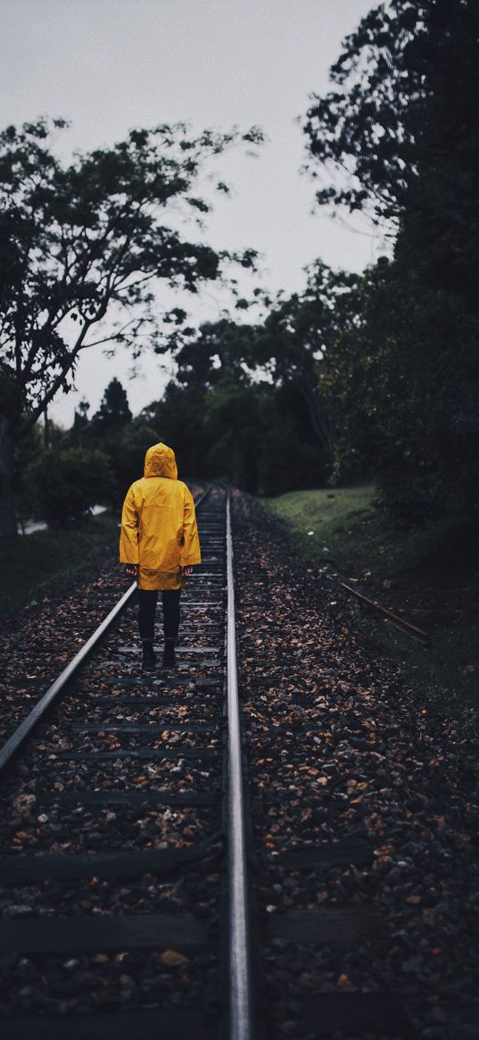 raincoat, man, railway, lonely, autumn, yellow