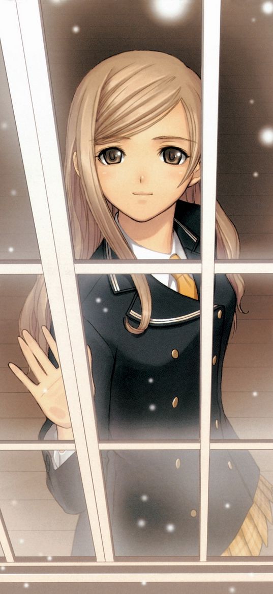 anime, girl, window, snow, smile