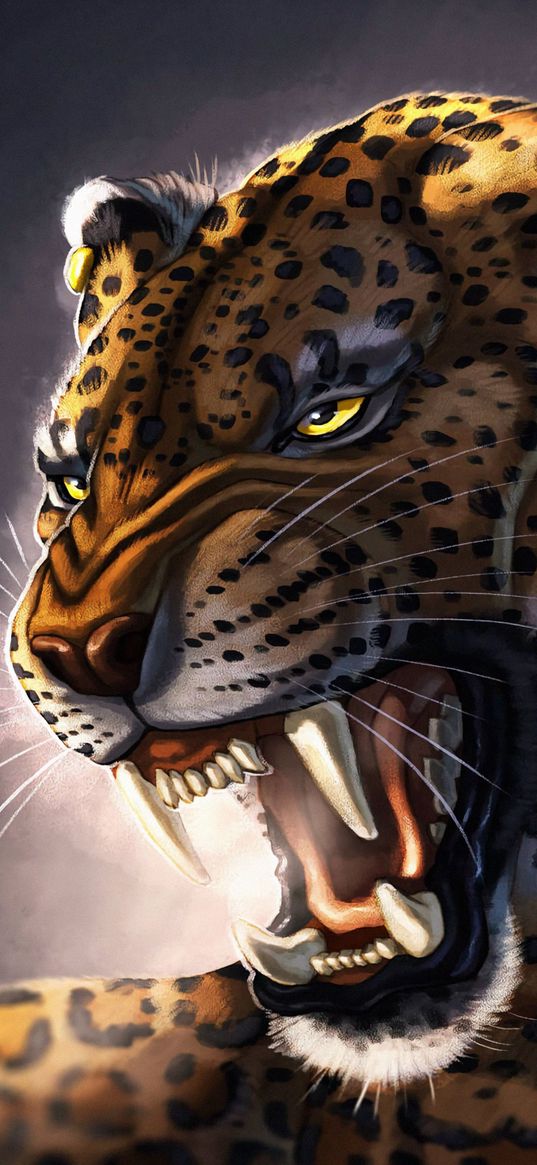 leopard, grin, art, fangs, predator