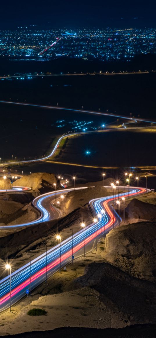 night city, city lights, long exposure, road, abu dhabi, united arab emirates