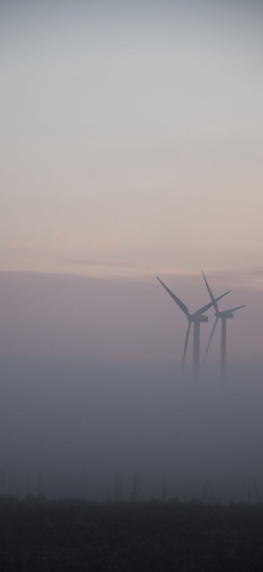 windmills, fog, field, minimalism