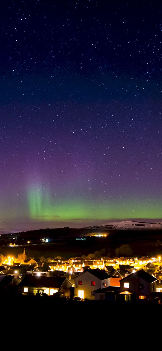 northern lights, aurora, starry sky, village, city, light, stars, scotland