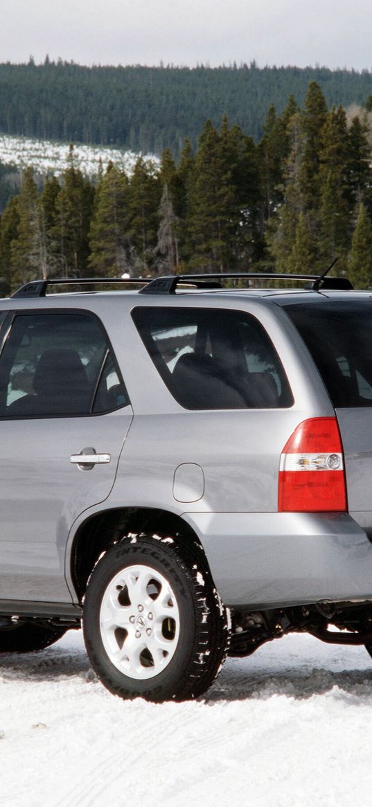 acura, mdx, silver metallic, jeep, side view, auto, forest, snow