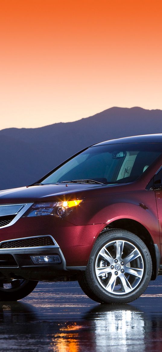 acura, mdx, burgundy, style, side view, wet asphalt, sunset, mountains, car