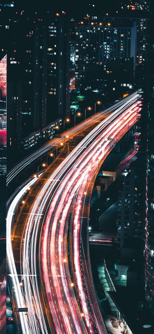 night city, long exposure, night, city lights, road