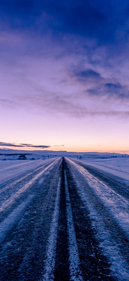 road, snow, winter, direction, horizon, twilight