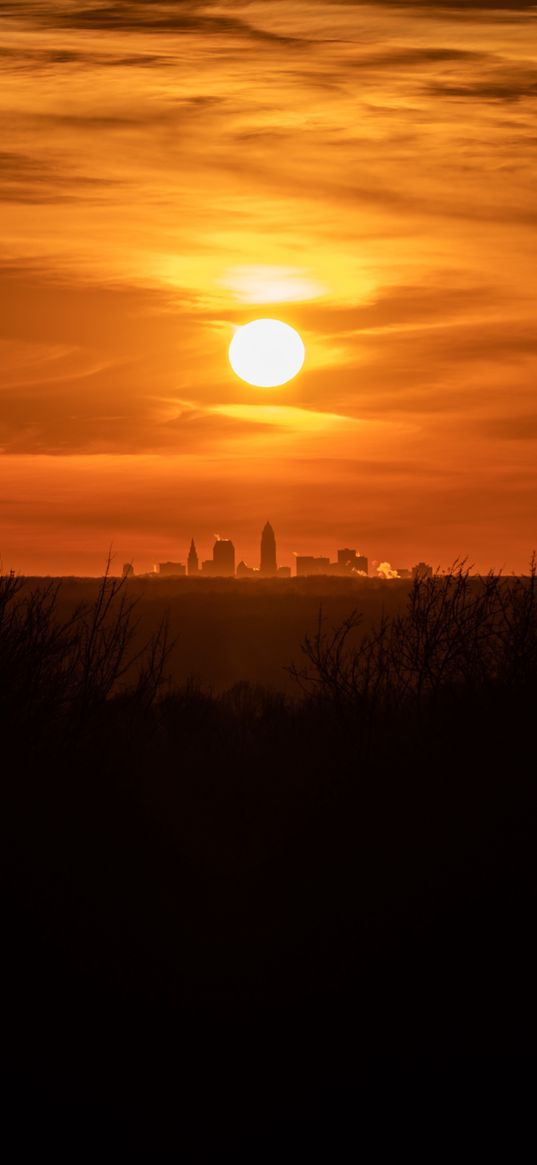 sunset, city, sun, sky, cleveland, ohio, usa