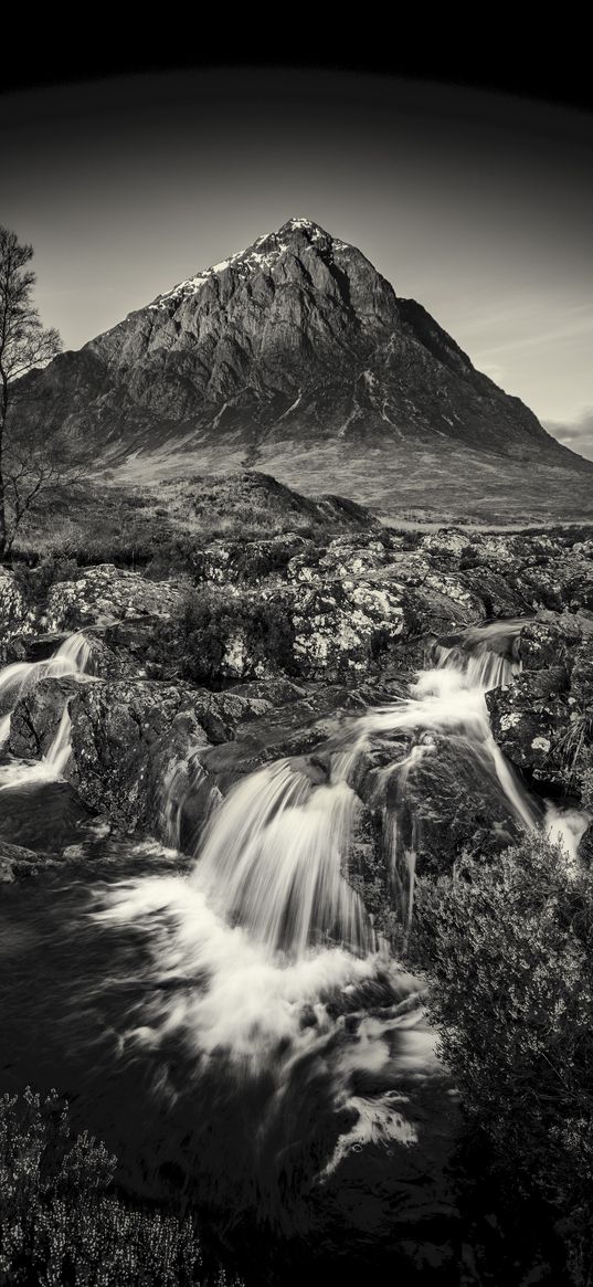 mountain, waterfall, bw, current, river