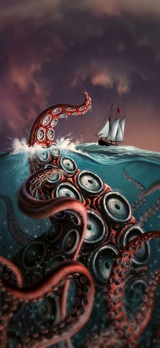 octopus, tentacles, ship, art, waves, sea