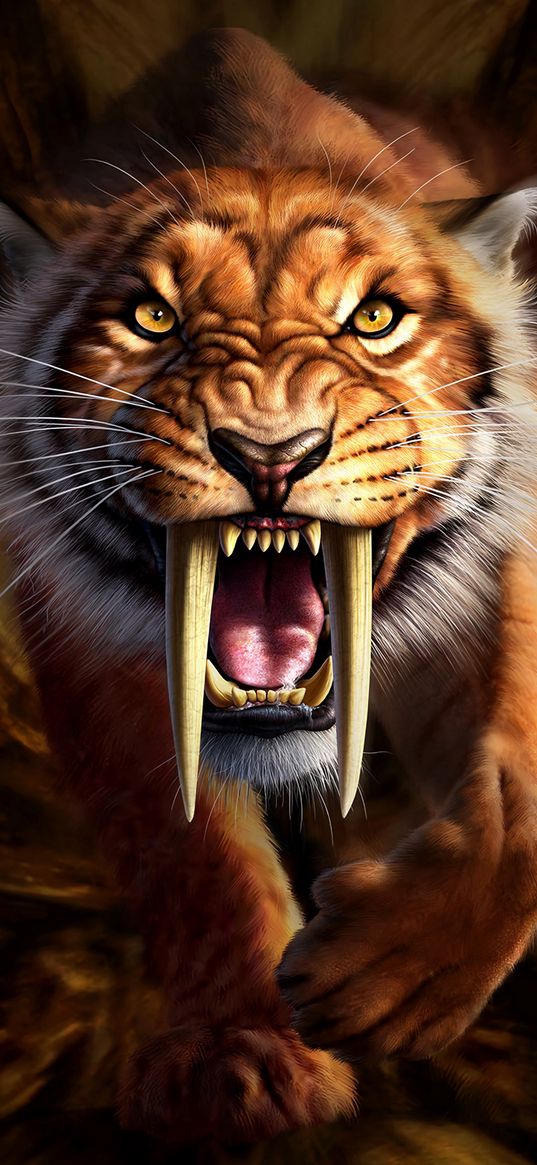 tiger, canines, grin, art, predator