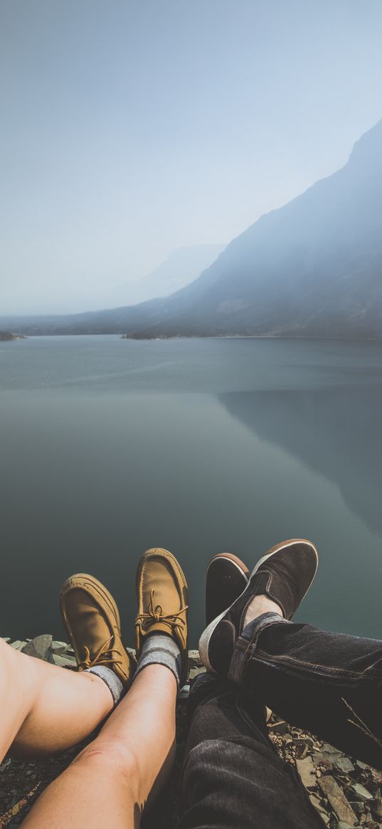 legs, lake, mountains, fog, journey, couple