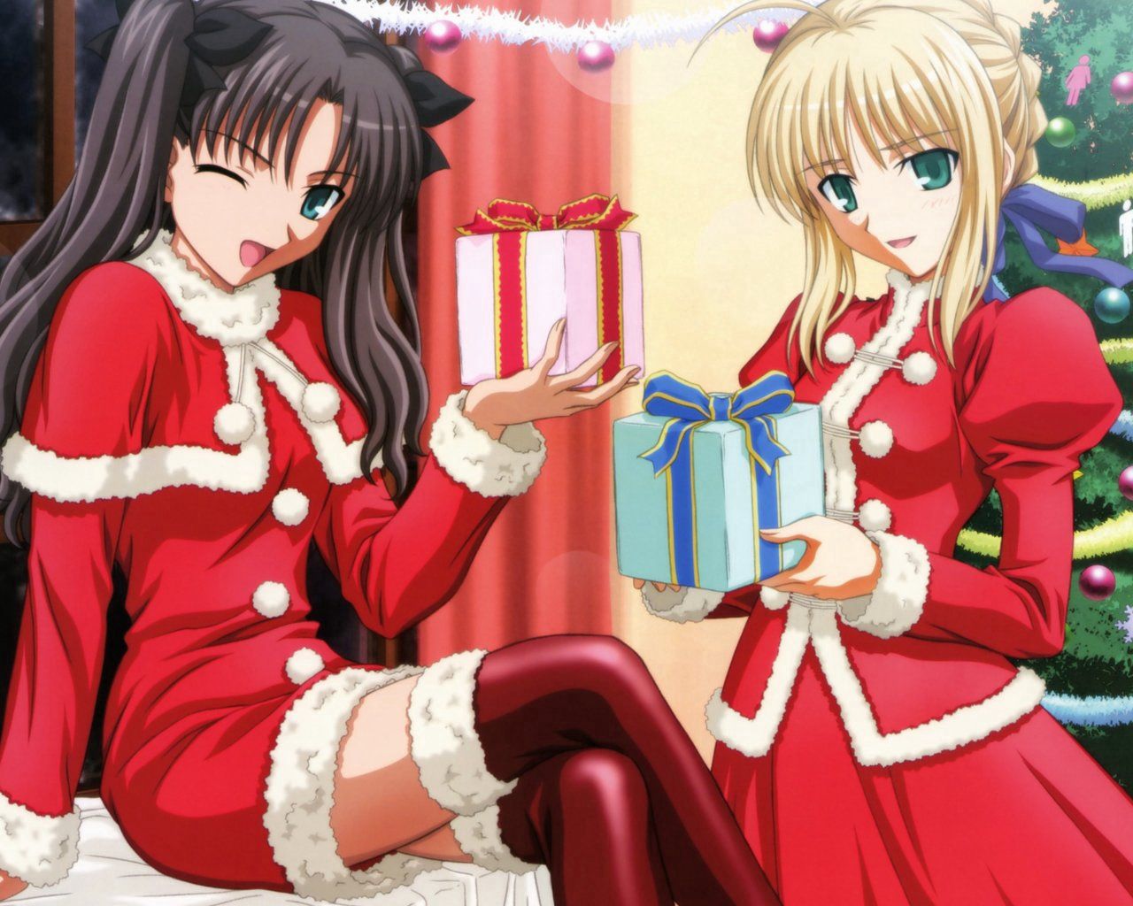 new year, christmas, anime, gifts, girls