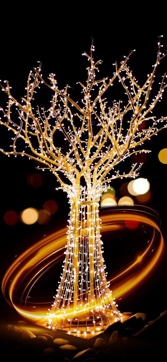 tree, garland, light, ring, circle