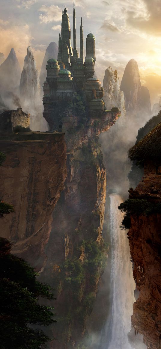 castle, rocks, fantasy, cliff, art