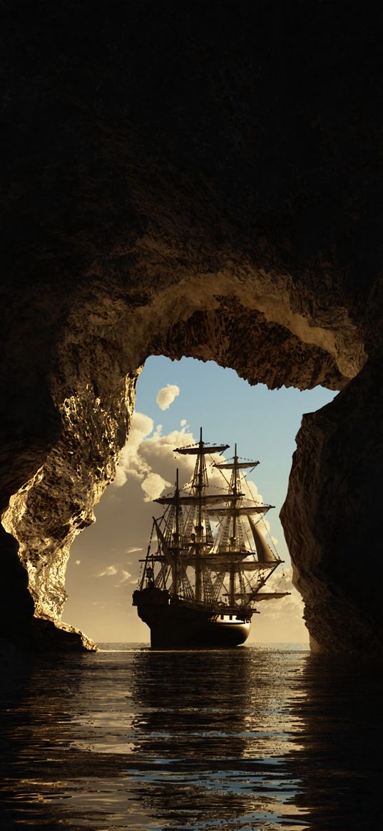 cave, ship, sea, art, dark