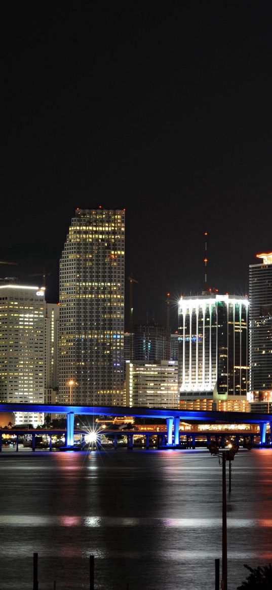 city view, city nightlife, river, bridge