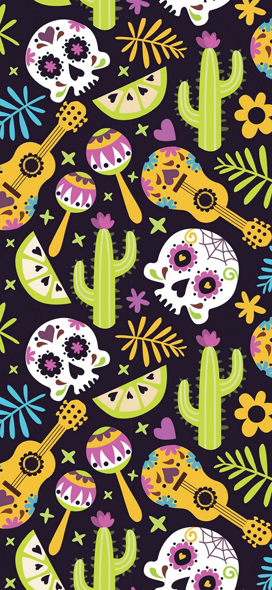 mexico, skull, guitar, cacti, patterns, texture, pattern