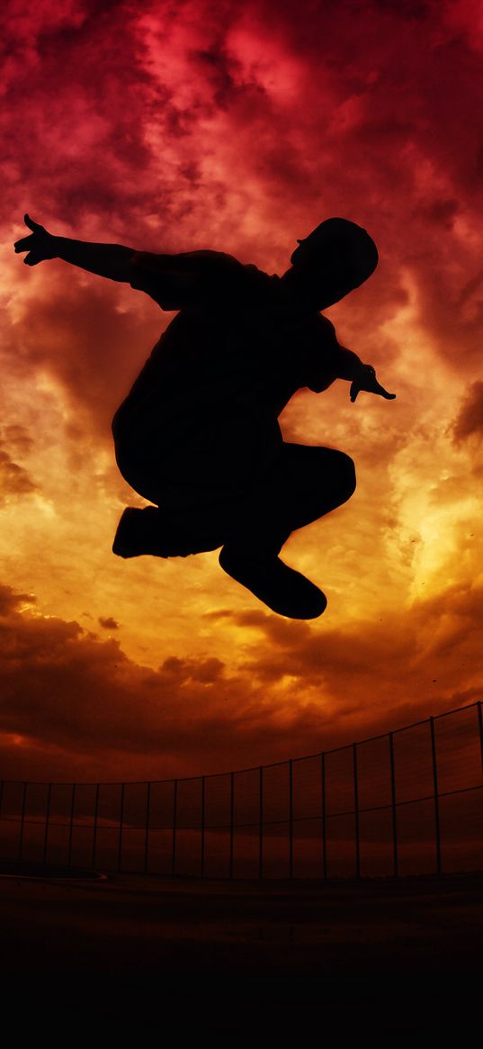 parkour, silhouette, jump, sky, clouds, fence